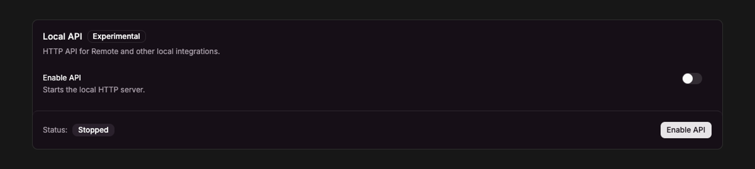 Current api settings