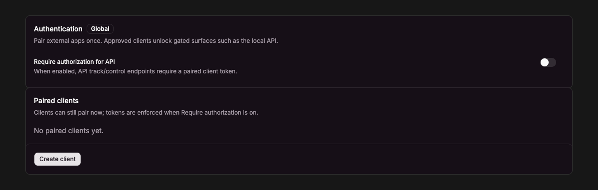 Current authentication settings