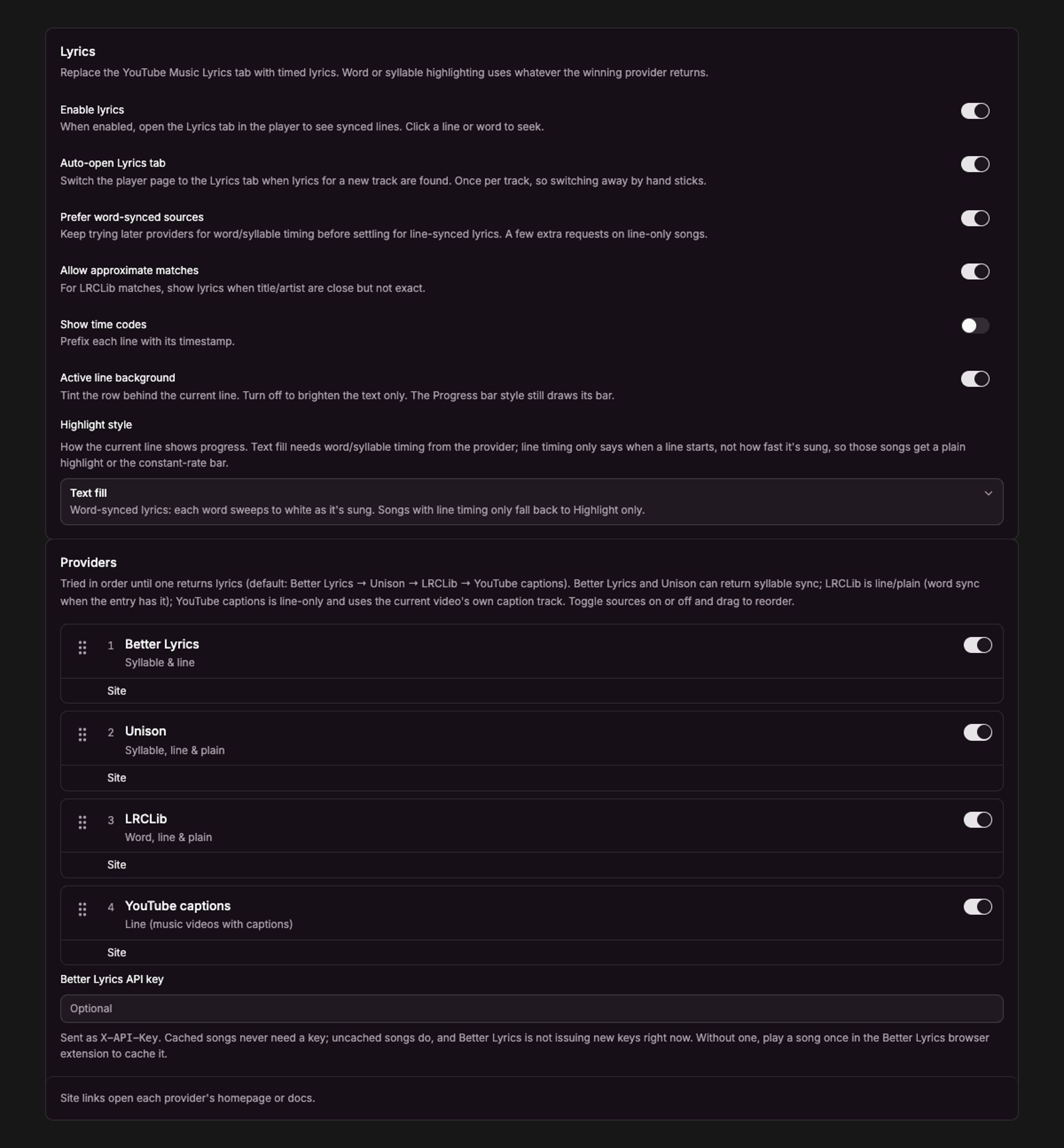 Lyrics settings