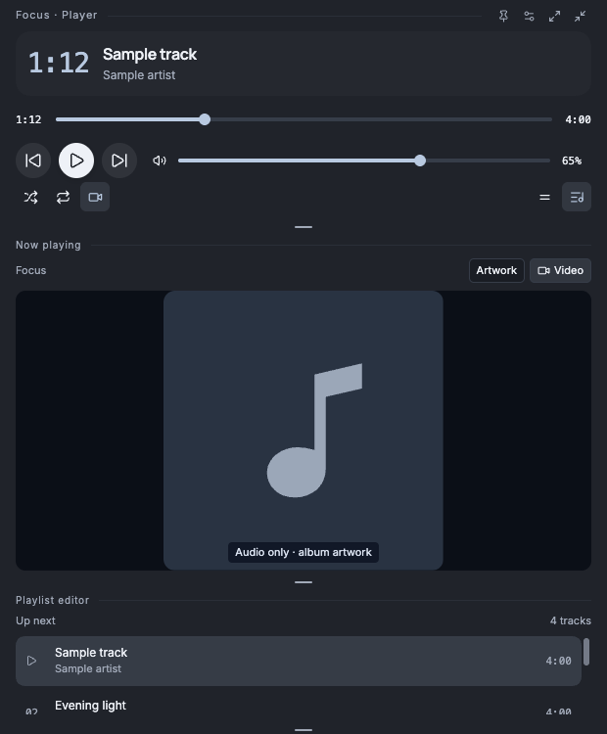Focus player with sample content