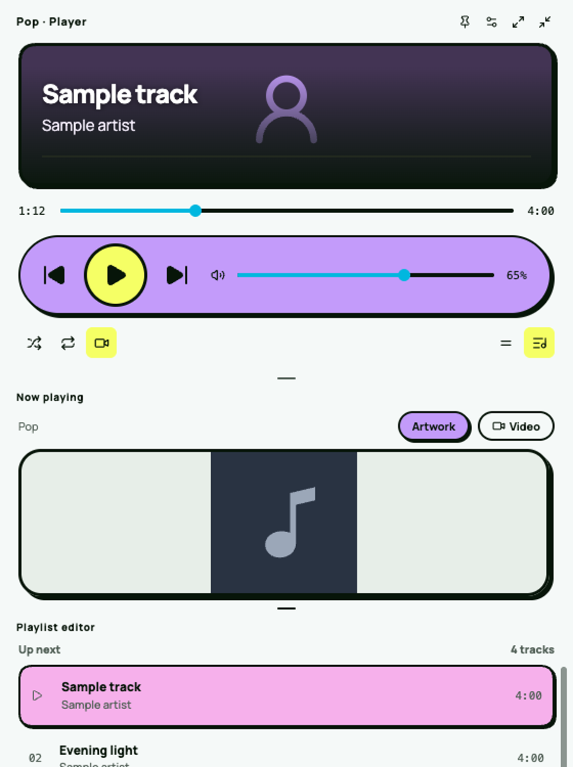 Pop player with sample content