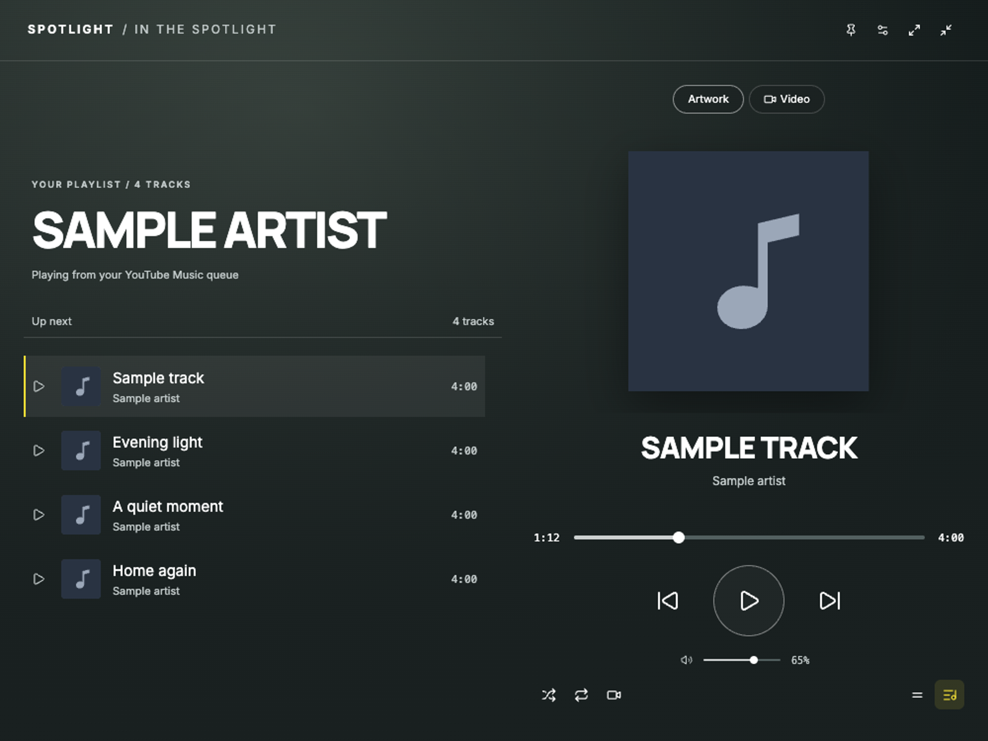Spotlight player with sample content