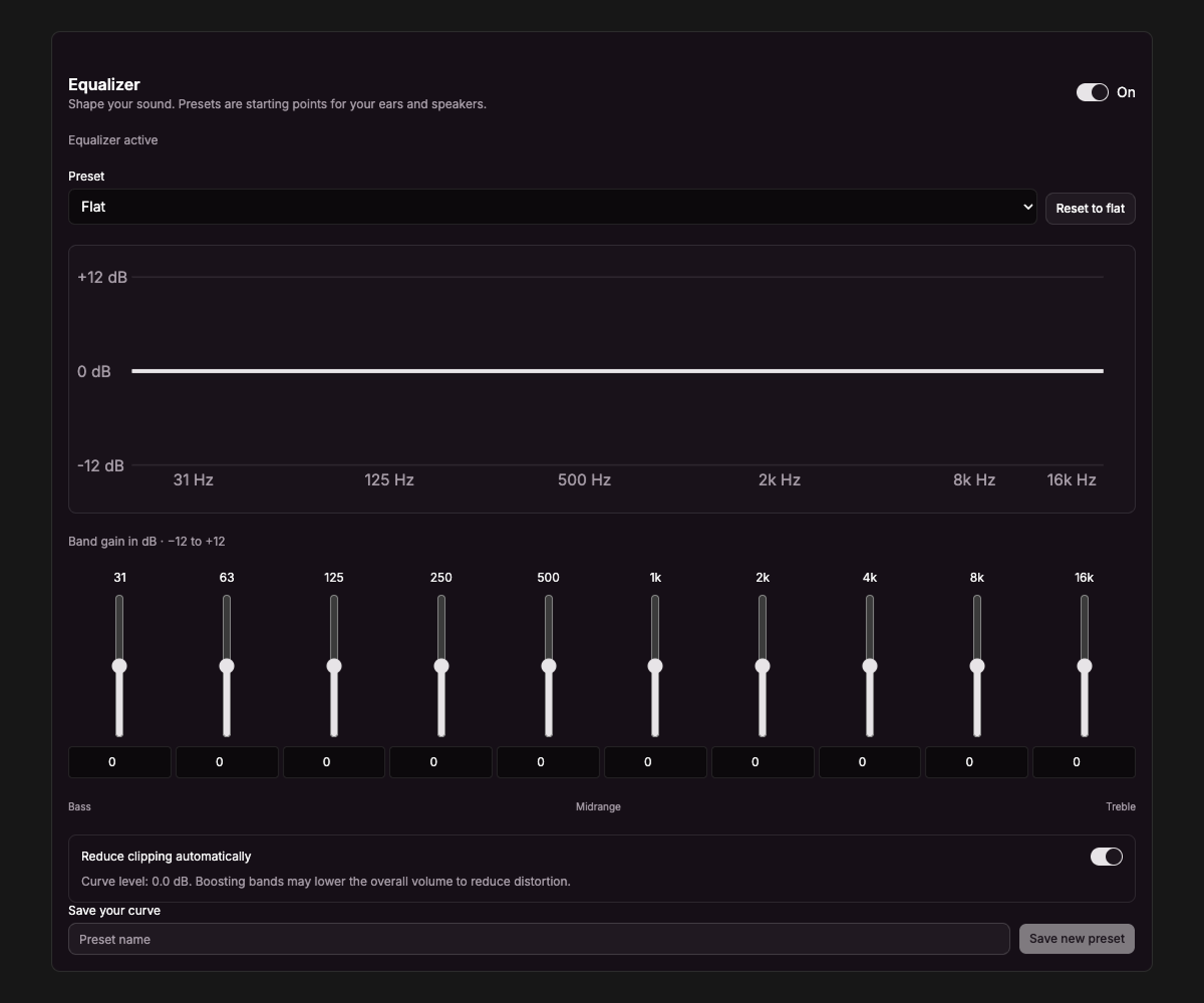Sweet Spot equalizer with ten frequency bands and presets